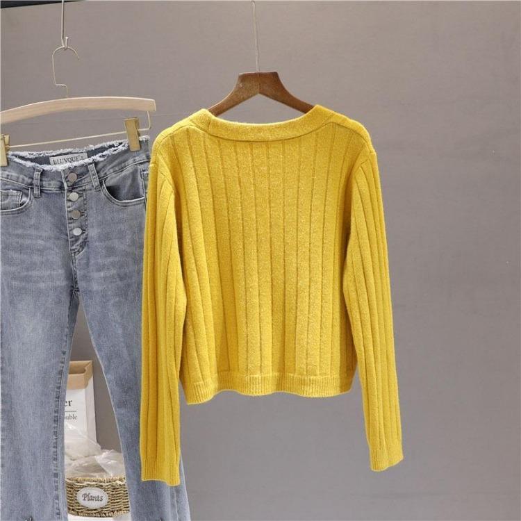 Women's V Neck Knitted Cardigan Short Jacket Loose Long Sleeve Autumn Versatile Outfit Top Sweater