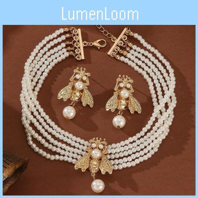 Pearl Animal Jewelry Set With Gold Small Bee Pendant And Earrings For Women