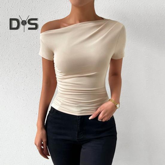 Damen Sommer T-Shirt Schrägkragen Kurzarm Slim Fit T-Shirt Einfarbig Seitlich Raffen Pullover Tops
