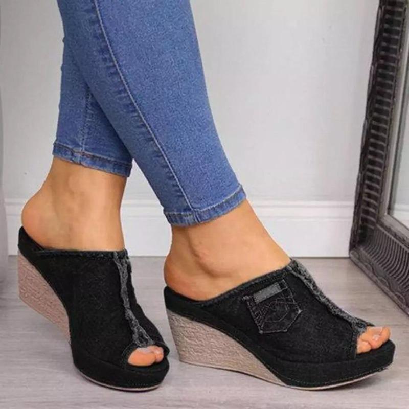 20Wish denim cool slippers high heel fish mouth wedge heel sandals large size 424