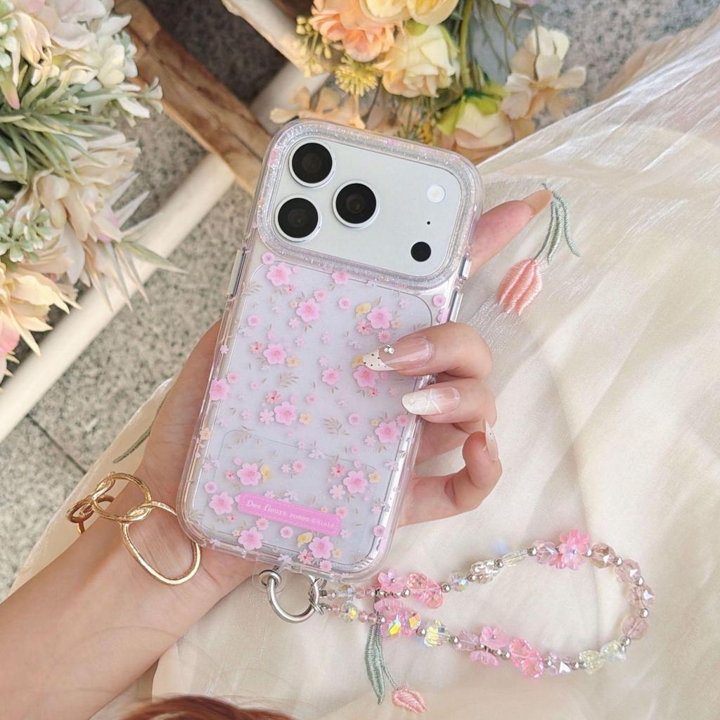 Aesthetic Pink Floral iPhone Case with Chain for Models 13-17 Pro Max