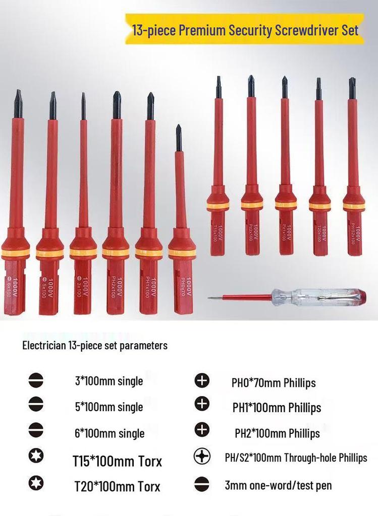 13-in-1 Insulated Electrician Screwdriver Set - Magnetic, High Voltage Resistant, Phillips & Flathead