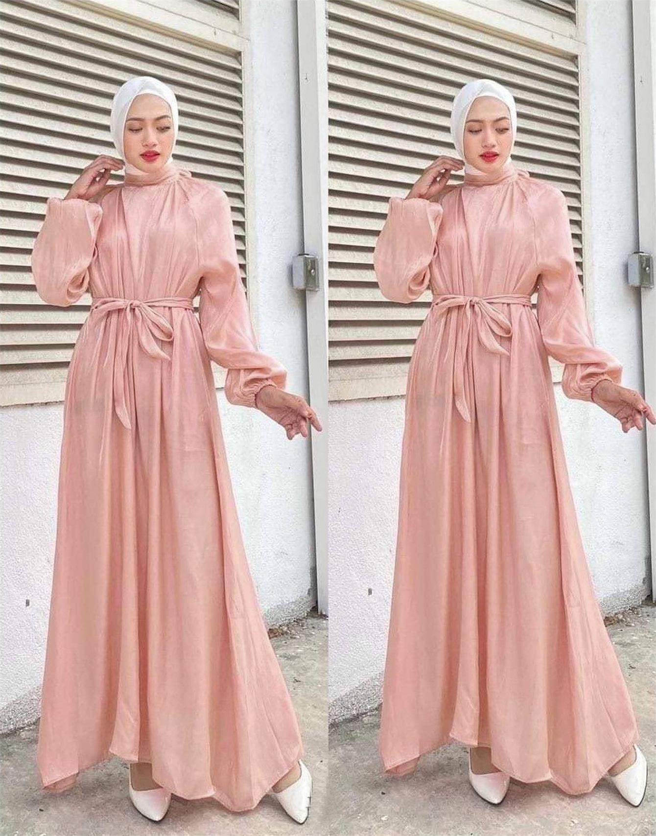 

M173 Muslim Women s Long Robe Dress with Lantern Sleeves - Middle Eastern & Malay Indonesian Style One Size рожевий