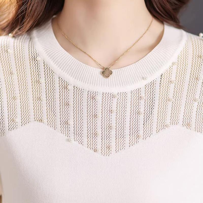 Mesh Sleeved Bottoming Shirt for Women's Spring Autumn Hollowed Out Knittwear New Ice Silk Long Sleeved T-shirt Knitted Top