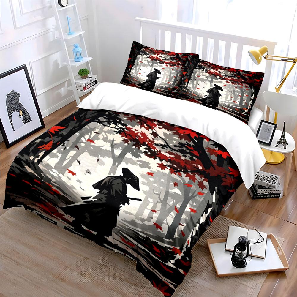 Samurai In Autumn Forest Bedding Duvet Cover Set (1*Duvet Cover 2*Pillowcases, Without Duvet Insert)