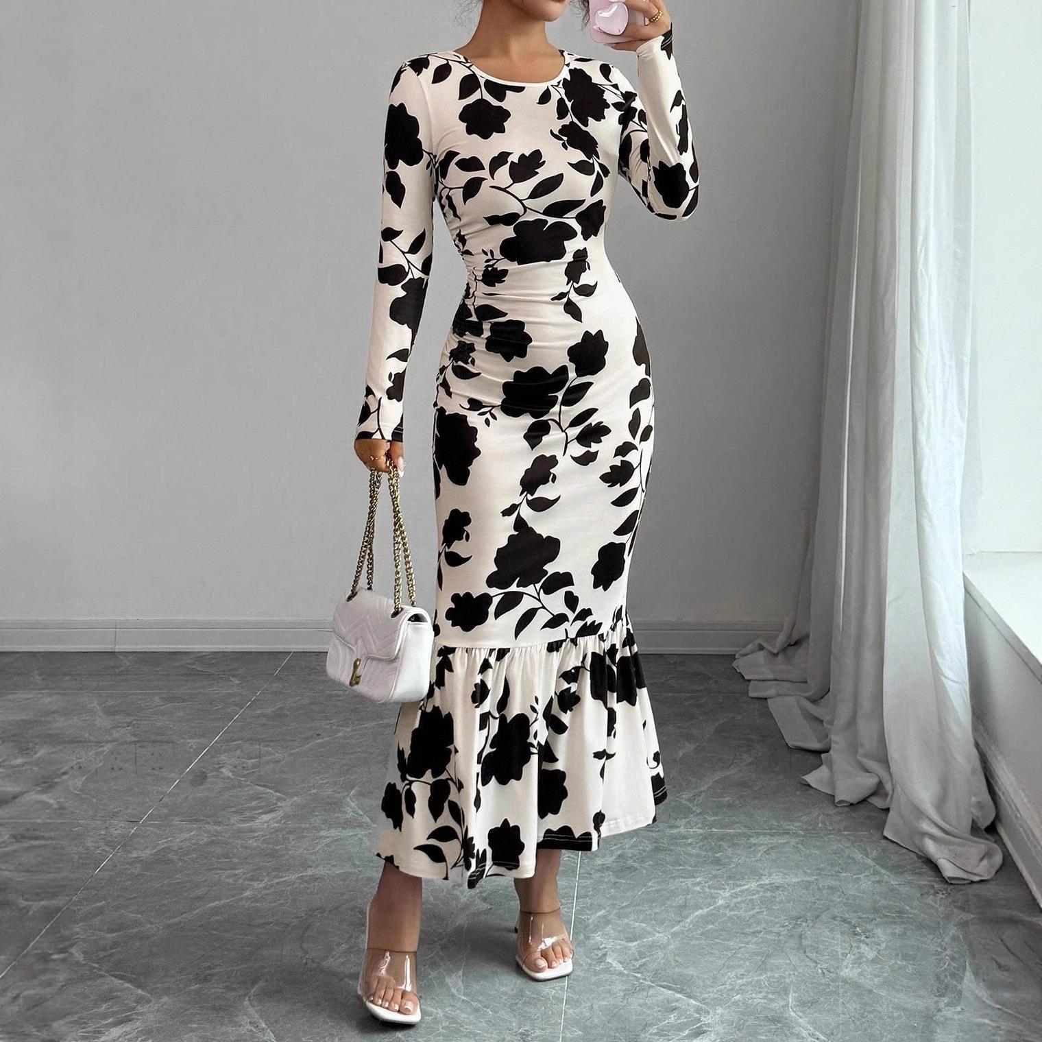 2025 Elegant Women s European & American Long Sleeve Ruffle Waist Dress XS