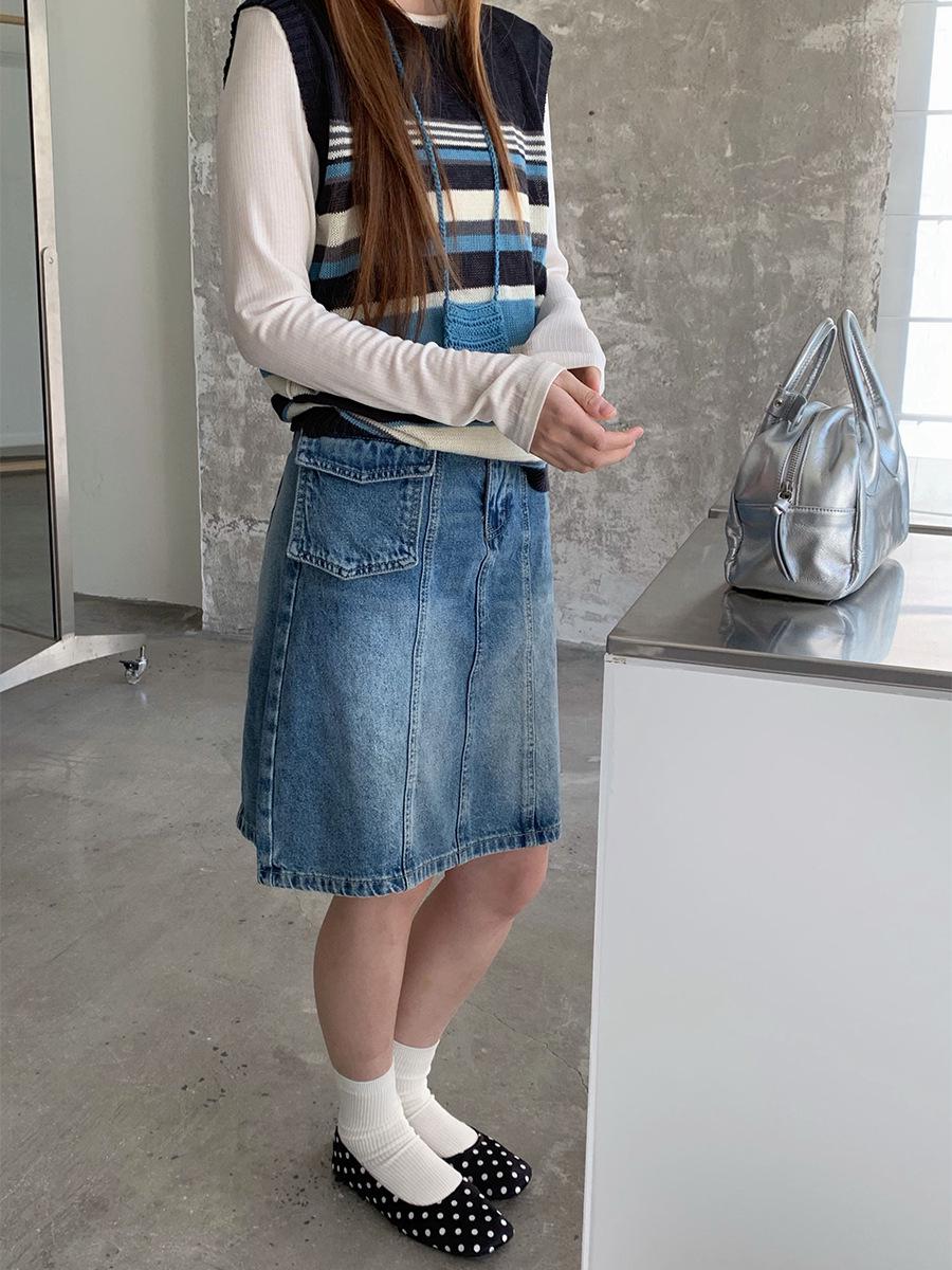 Sunai Retro Distressed High-Waisted Slimming A-Line Mini Skirt for Spring 2026 Small джинсовый синий