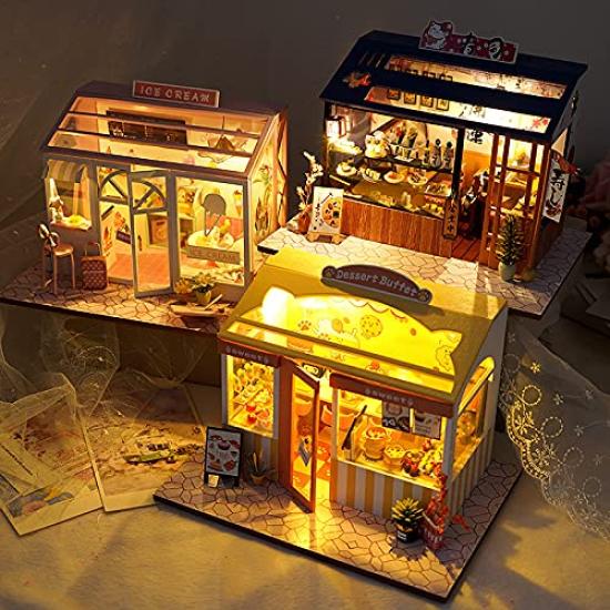 DIY Wooden Dollhouse Miniature House Sushi Restaurant Handmade Kit Set for Japanese Style Miniature Collection Kit Dollhouse with LED Lights