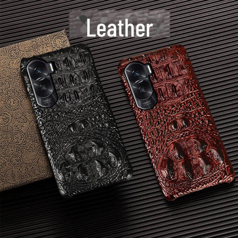 Genuine leather half-cover protective case for Honor X50, featuring cowhide, crocodile pattern, and skull design.