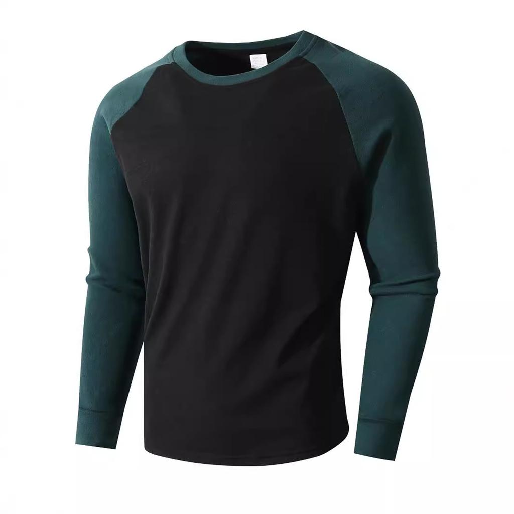 Men's Slim Fit Casual Sports Round Neck Long Sleeve Colorblock Pullover Bottoming Long Sleeve Top