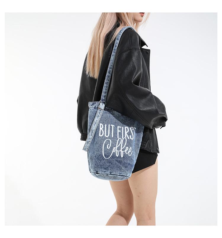 Retro Washed Denim Crossbody Handbag - Large Capacity, Printed Single-Shoulder Bag