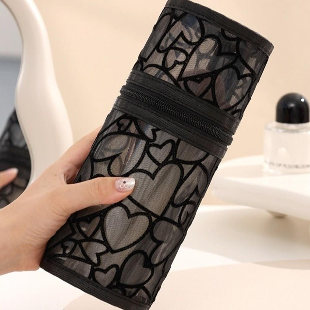 Mesh Mesh Pencil Case Love Heart Mesh Makeup Pouch Pencil Case Mesh Storage Bag  Girls Boys