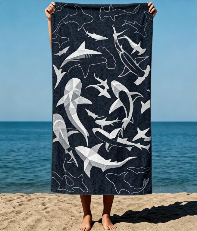 Serviette de Plage Rayée Silhouette de Requin Microfibre Sans Sable Séchage Rapide Impression Vie Marine Noir et Blanc Douce Absorbante pour l'Été et la Piscine