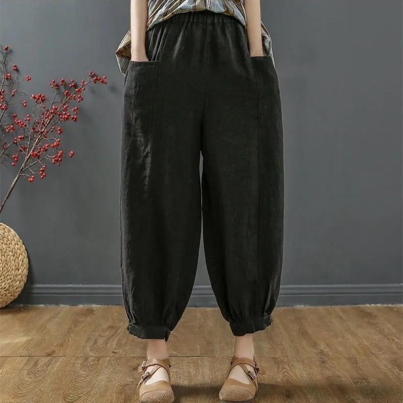 Baumwoll-Leinen-Culottes für Damen, Neuer Sommerstil, Mittellange Hose, Einfarbig, Lässig, Locker, Haremshose