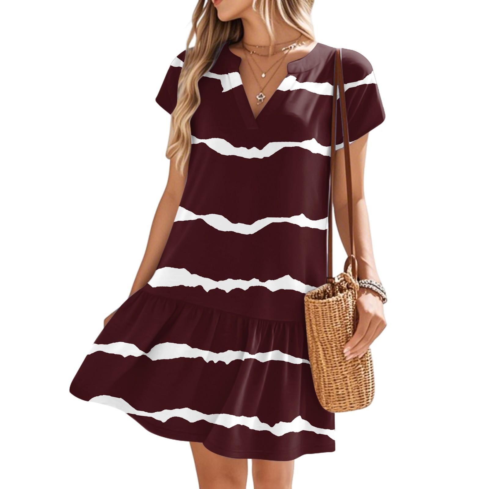 

Женские платья с коротким рукавом и V-образным вырезом с цветочным принтом Свободные повседневные пляжные платья в стиле темперамент L винный