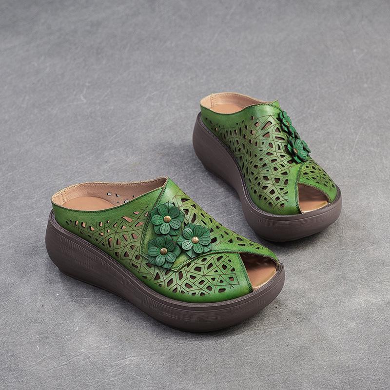 Johnature Дышащие тапочки с открытым носком в стиле ретро, повседневные универсальные женские туфли на танкетке из натуральной кожи