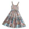 Vacation-Style Floral Print Suspender Dress Summer Girls' Clothing Backless Dress Waist-Cinching Beach Dress