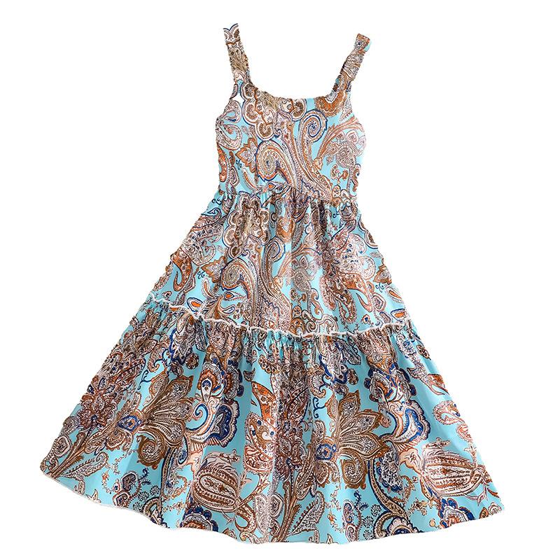 Vacation-Style Floral Print Suspender Dress Summer Girls' Clothing Backless Dress Waist-Cinching Beach Dress