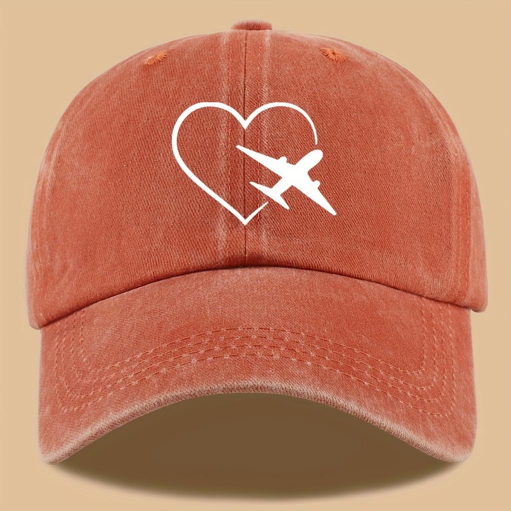 Heart & Plane Print Hip-Hop Dad Hat Adjustable Washable Baseball Cap Outdoor Adventure Cycling Sun Protection Hat