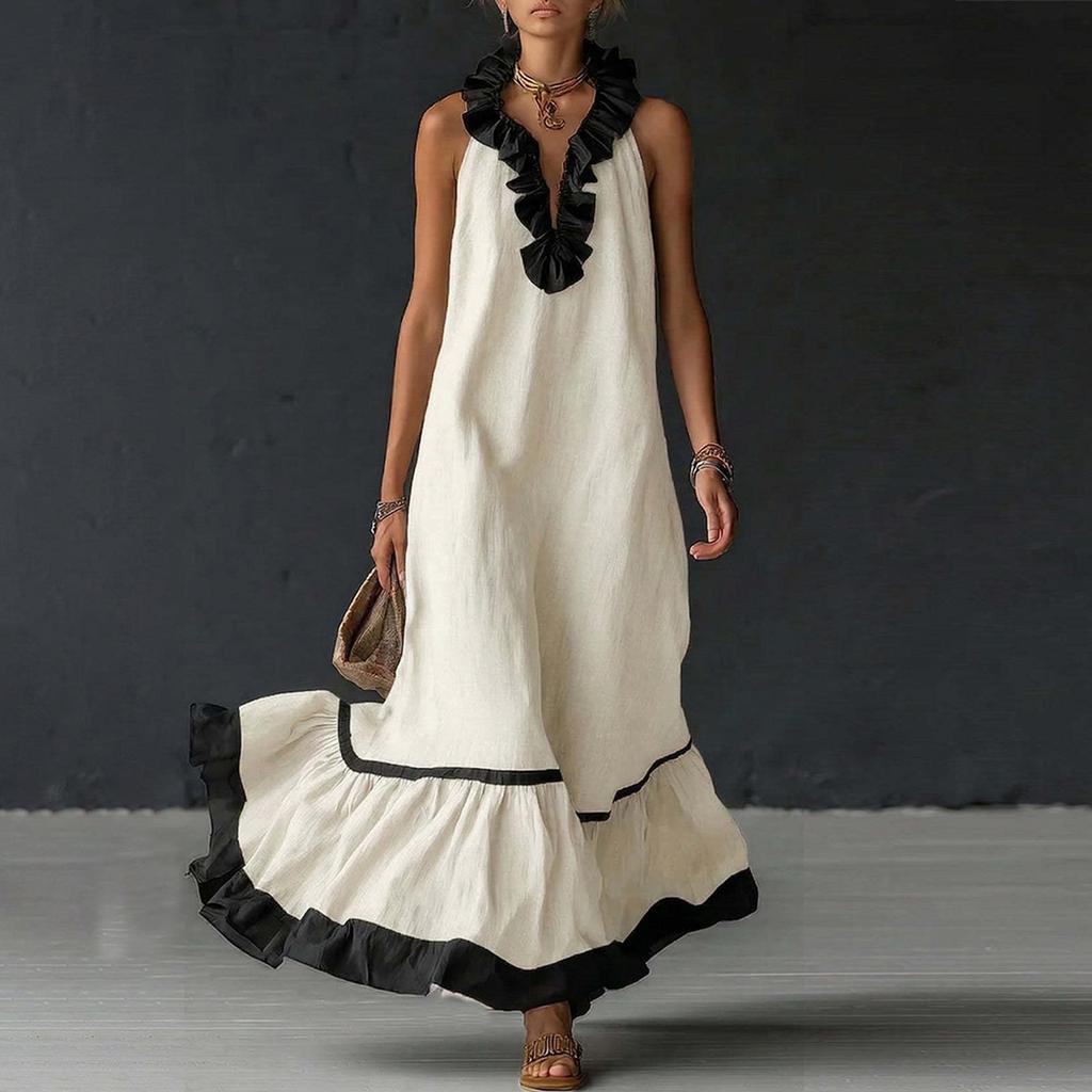 Women's Fashionable Color Round Neck 3/4 Sleeved Cotton Linen Casual Vacation Loose Long Dress