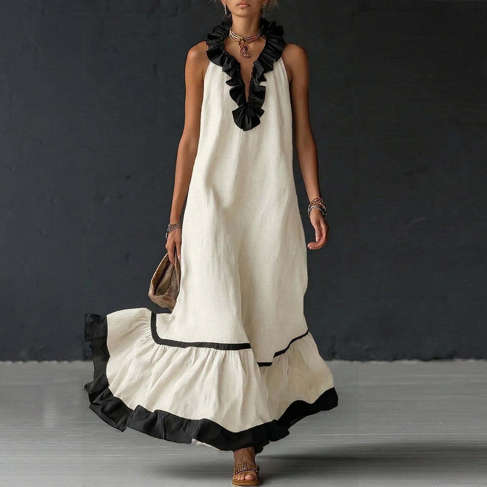 

Women s Fashionable Color Round Neck 3/4 Sleeved Cotton Linen Casual Vacation Loose Long Dress XL білий