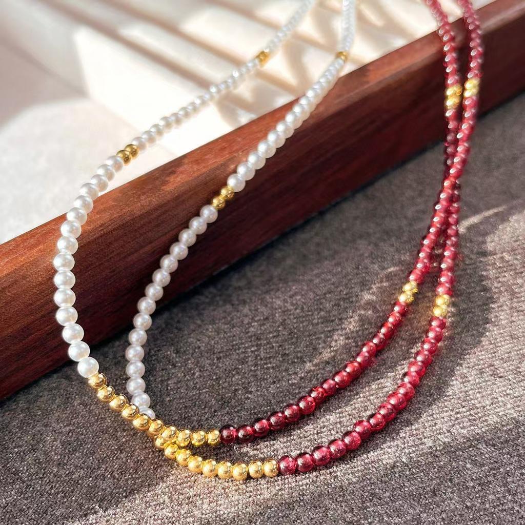 Vintage Natural Garnet High Gloss Artificial Pearl Clavicle Chain Necklace