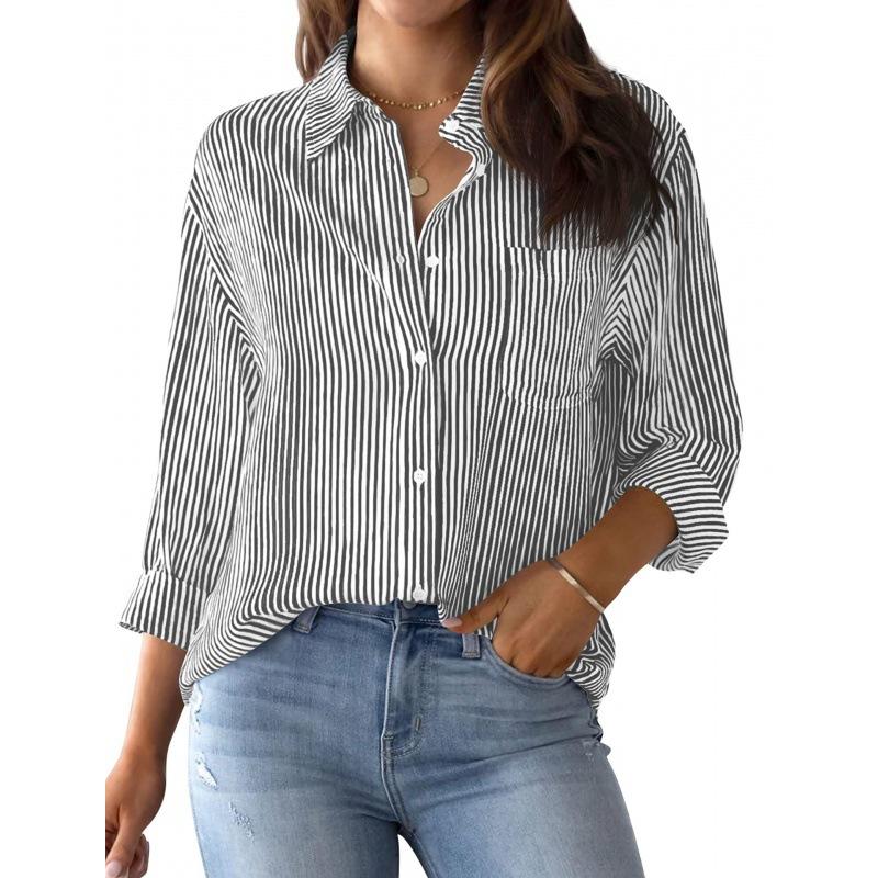 Women's Classic Striped Long Sleeve Button-Up Shirt with Pocket for Office Work Stylish Top Casual Businesswear