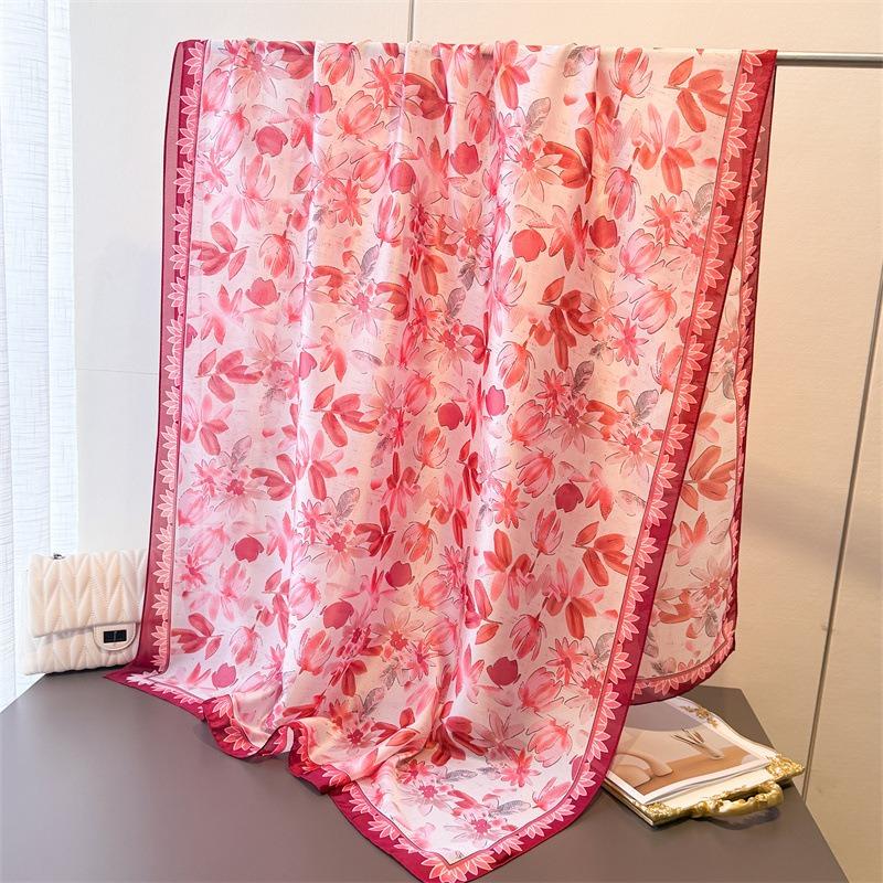 Spring and Summer Light Rhyme Flower Printing Simulation Silk Brocade Sunscreen Silk Scarf Long Scarf Shawl Versatile Headscarf Scarf