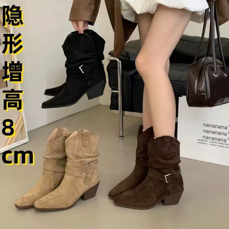 Short boots women's 2025 autumn and winter new stacking boots autumn and winter square head thick heel belt buckle cover boots commuting