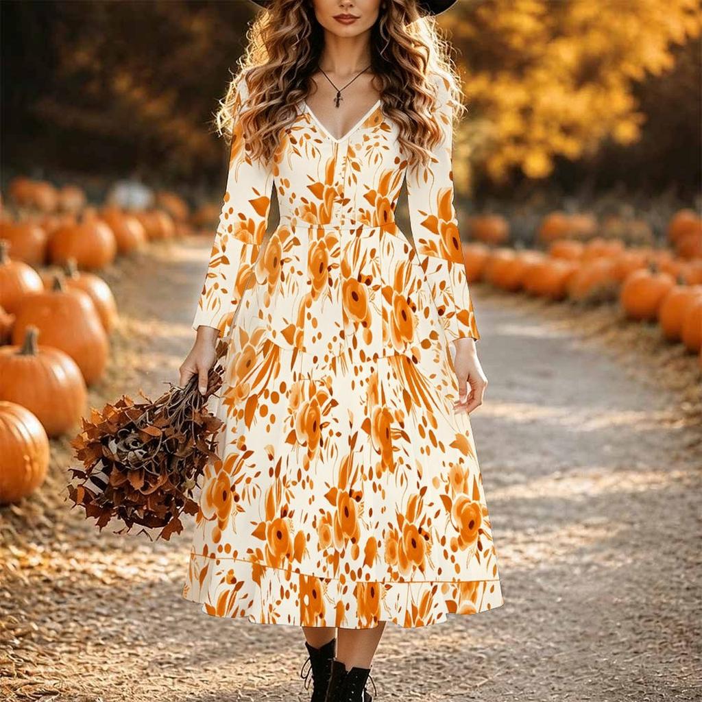 Halloween Women's Vintage Pattern Print Midi Dress A Line Dress Vacation Casual Daily Regular Fit Long Sleeve V Neck Black Spring Fall