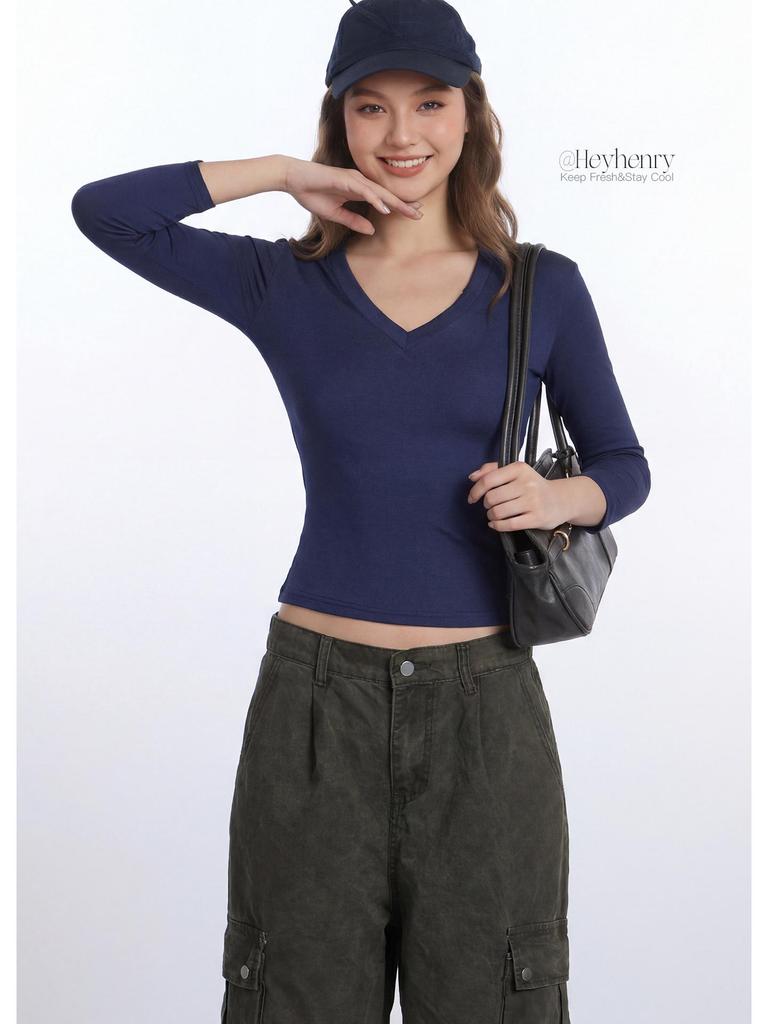 HeyHenry Women's V-Neck Short-Sleeve Slim Fit Cropped Lyocell Top