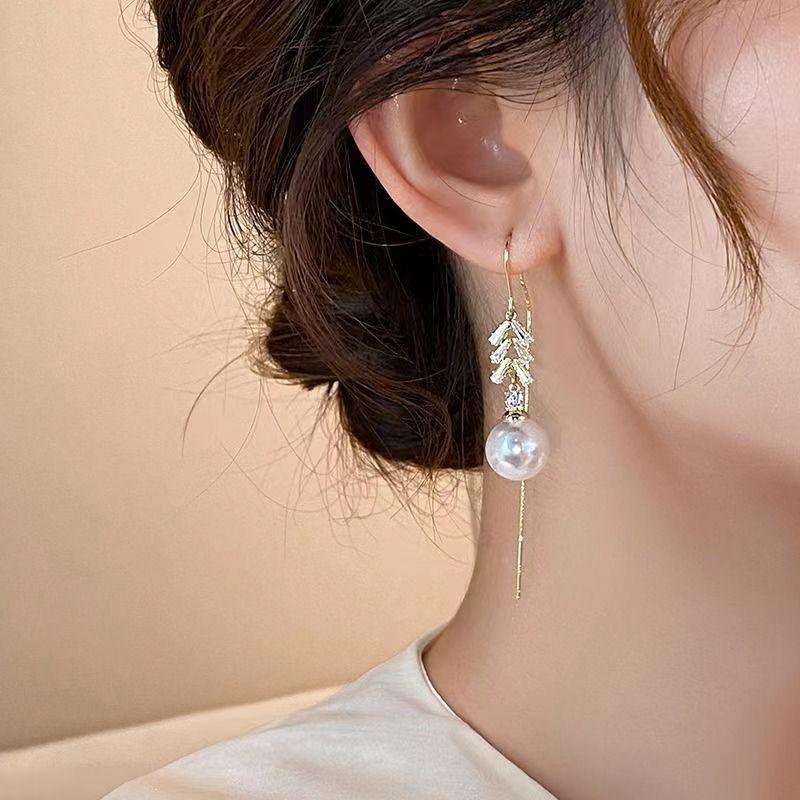 Korean Exquisite Imitation Pearl Tassel Drop Earring For Women Shiny Zircon Flower Leaf Long Ear Line Geometric Earring Jewelry