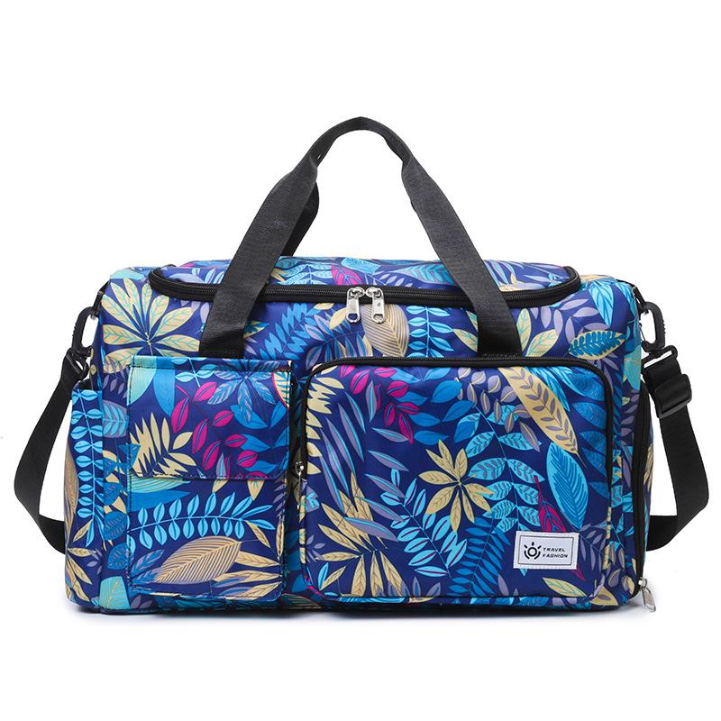 Oxford Fabric Travel Duffel Bag with Leaf Print Multiple Pockets Waterproof Gym Weekender Bag синий