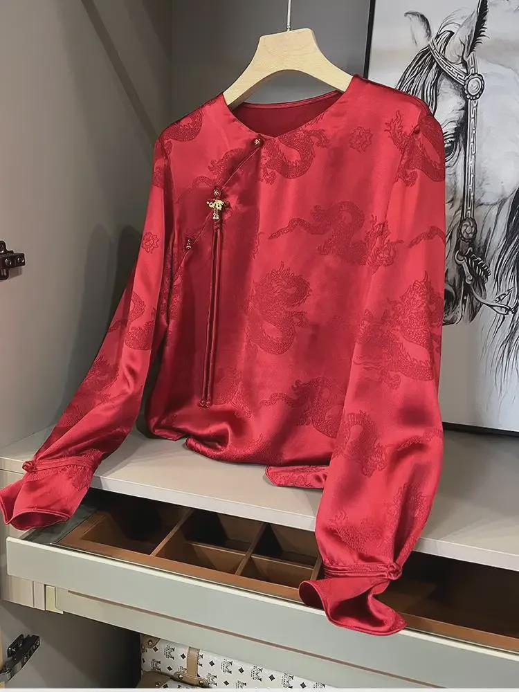 2024 Festive Red Chinese-Style Jacquard Dragon Top for Women