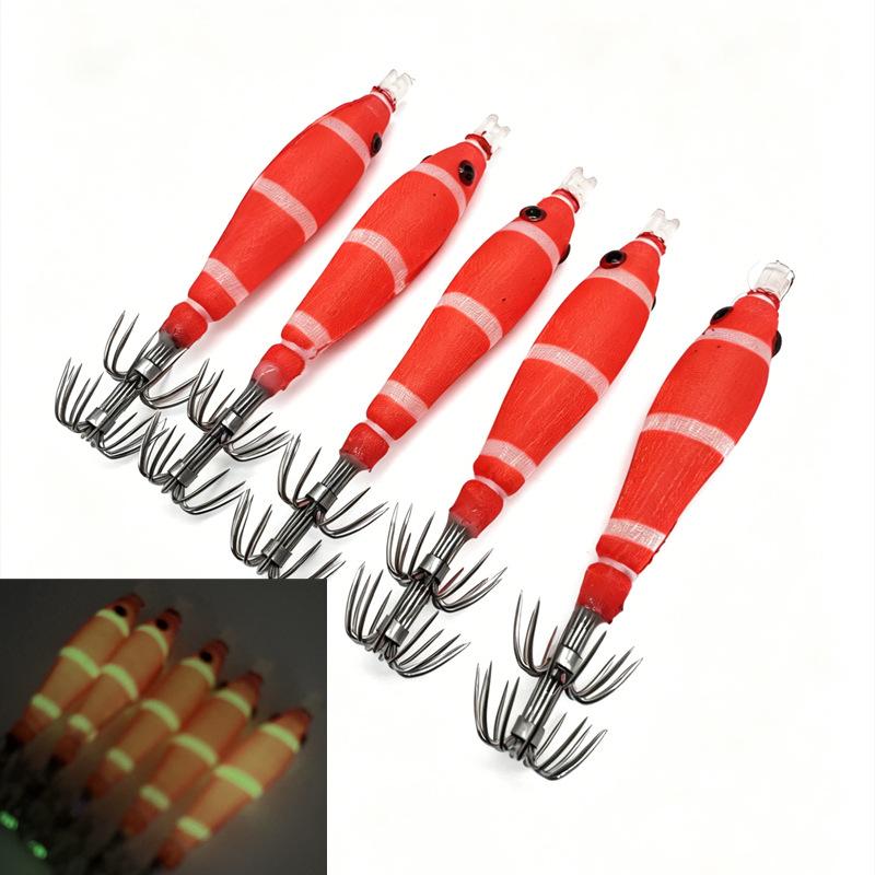 5Pcs Luminous Squid Jig Double Umbrella Hook Octopus Fishing Lure Soft Wood Shrimp Bait For Sea Boat Saltwater Fishing Tools