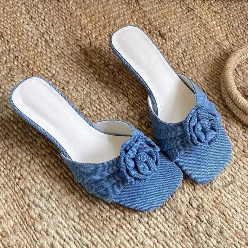 Fashion Fashion Pleated Floral Design Brand Slippers Women Sexy Square Toe Thin Heel Slide Sandals Elegant Comfort Slingback Dress Shoes