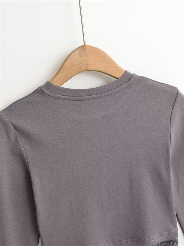Retro Lace Hem Long Sleeve Spicy Girl Fitted Top