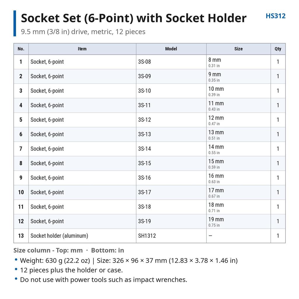 TONE Socket Set (Hexagonal, with Holder) HS312, 9.5mm (3/8") Drive, 12 Pieces