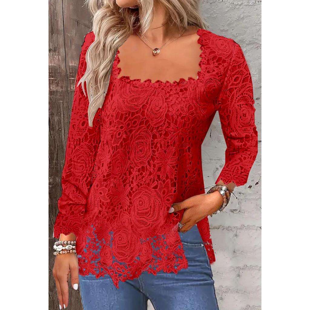 Autumn Winter New Women's Long Sleeve Top, Square Neck U-Neck Lace Base Shirt Blouse for European American Foreign Trade