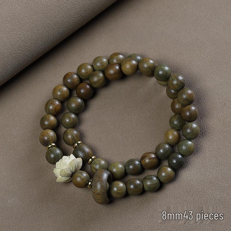 Green Sandalwood Gold Thread Double Wrap Bracelet with Lion Dance Ring - Wooden Buddhist Beads, Chinese Style Couple Accessory