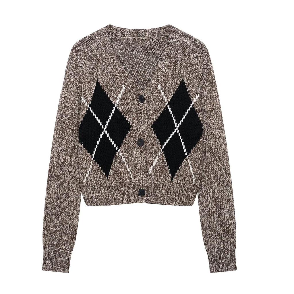 Spring 2025 Women's Plaid V-Neck Knit Cardigan