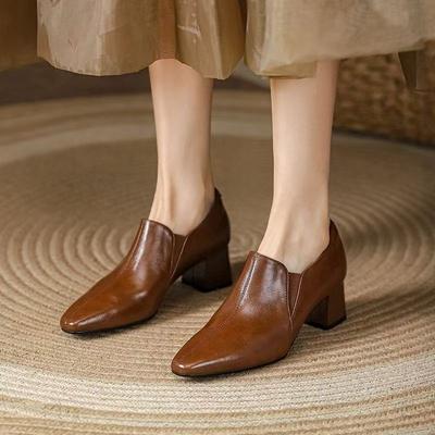 Comfortable Black Soft Leather 5.5cm High Heels Pointed Toe Chunky Heel Women's Shoes Versatile Deep Mouth Single Shoes