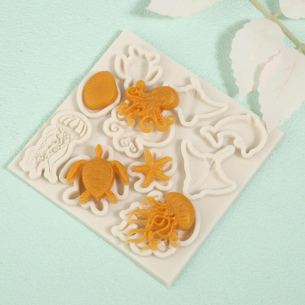1 Pcs Ocean Theme Cake Decoration Silicone Mold, Turtle Octopus Chocolate Fondant Mold, for Kitchen Baking Cupcake Topper Chocolate Candy and Resin