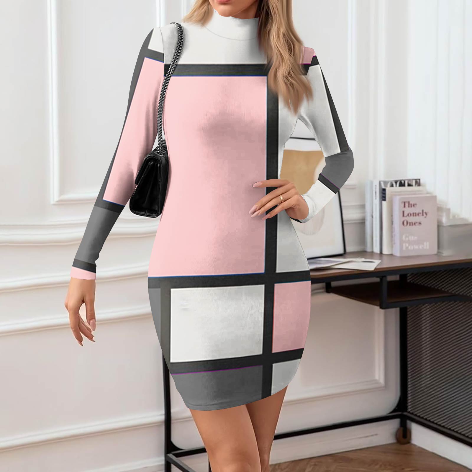 

Женское повседневное платье с высоким воротом, длинными рукавами, принтом и облегающего кроя M розовый