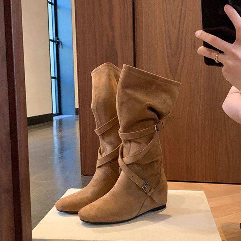 Inner Heightening Boots Women's 2025 New Autumn Retro Versatile Stacking Boots Belt Buckle Slim Tall Knight Boots