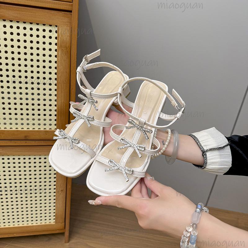 Silver Rhinestone Bowknot Sandals Women's Summer Outdoor Wear French High Heel Thick Roman Sandals Rubber Sole Comfortable Shoes
