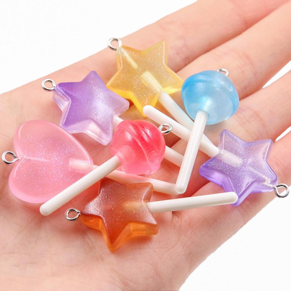 Handmade Glitter Lollipop Resin Star & Heart Pendants - Set of 3 DIY Color Sticks