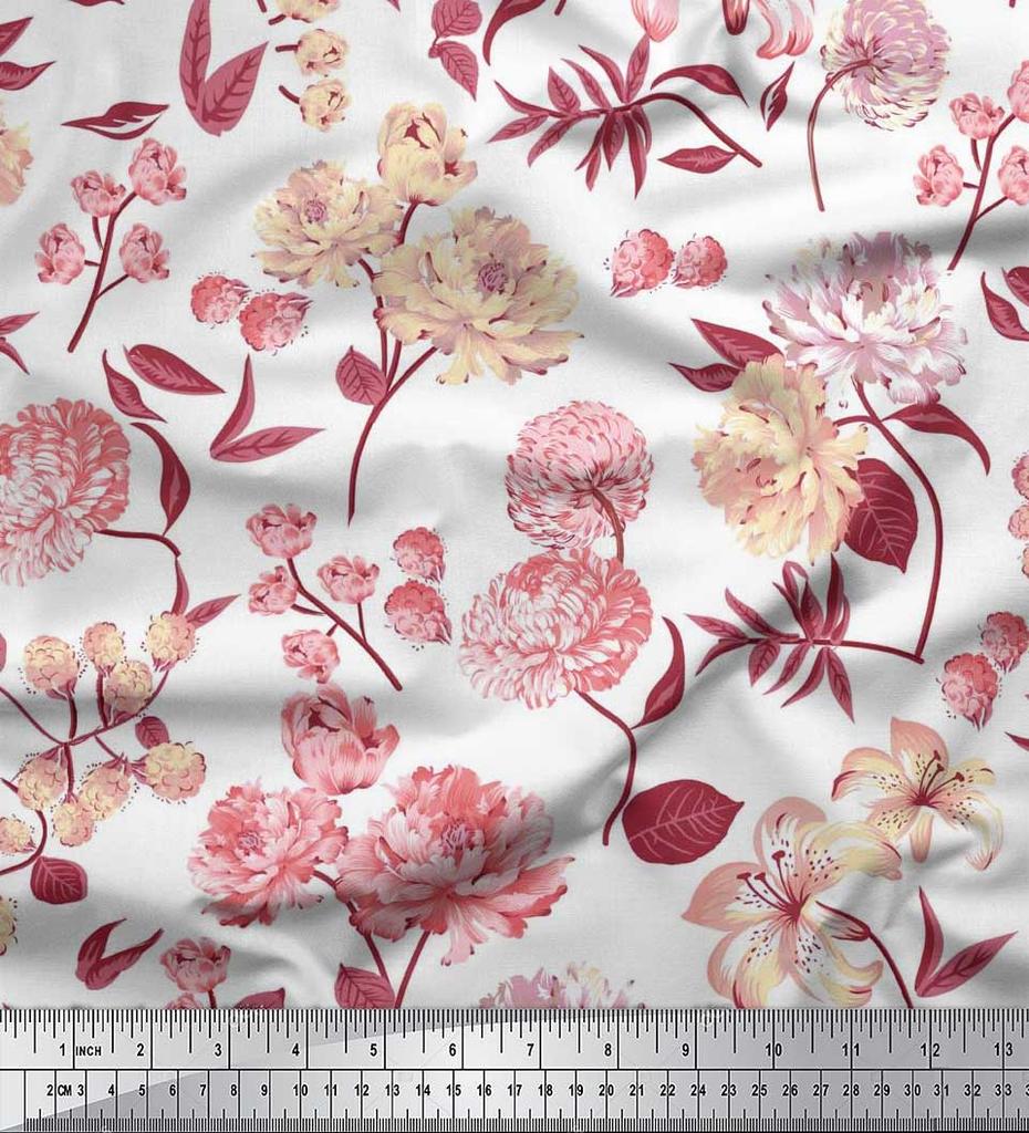 Soimoi Japan Crepe Satin Fabric Leaves,Peony & Dahlia Flower Printed Fabric 1 Metre 42 Inch