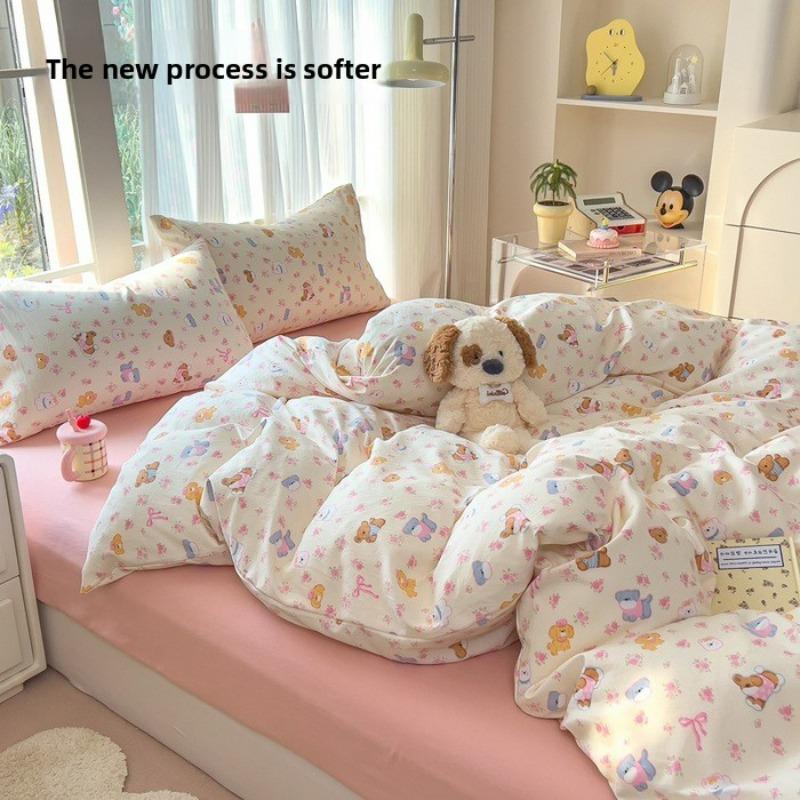 A-class cotton wash set, four-piece set with double-layered gauze bedsheet, duvet cover, and bed skirt, suitable for all seasons