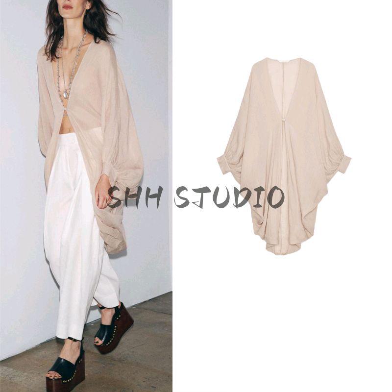 Summer New Product Women's Clothes French Asymmetric Hem Ramie Blended V Neck Long Sleeves Long Shirt 4043245